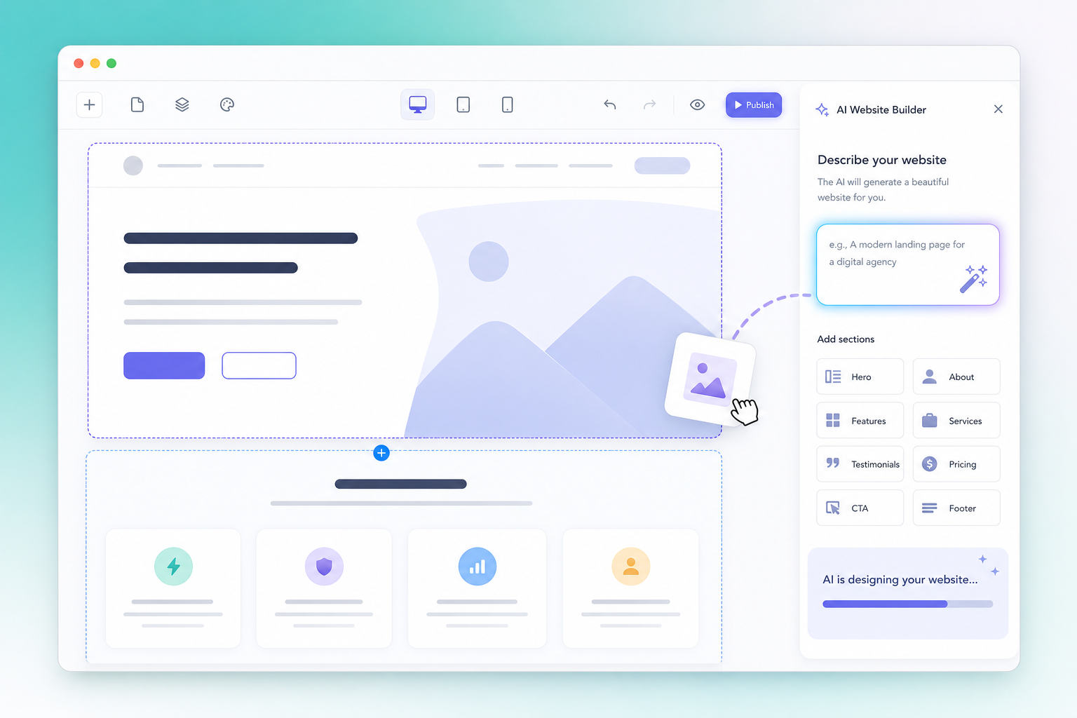 Canvas ИИ-конструктора сайтов с панелью описания и блоками секций