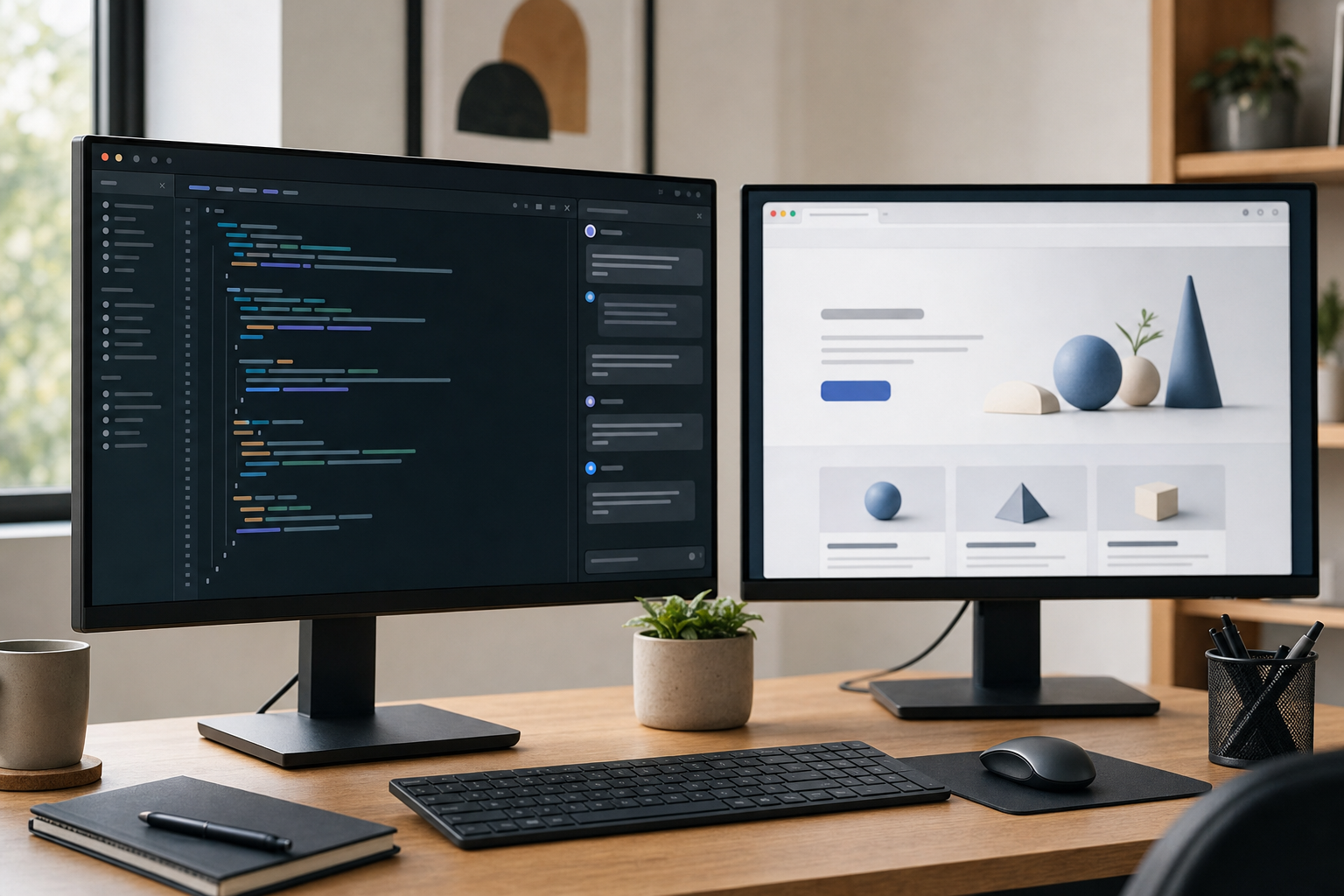 IDE с AI-чатом и превью сайта на втором мониторе